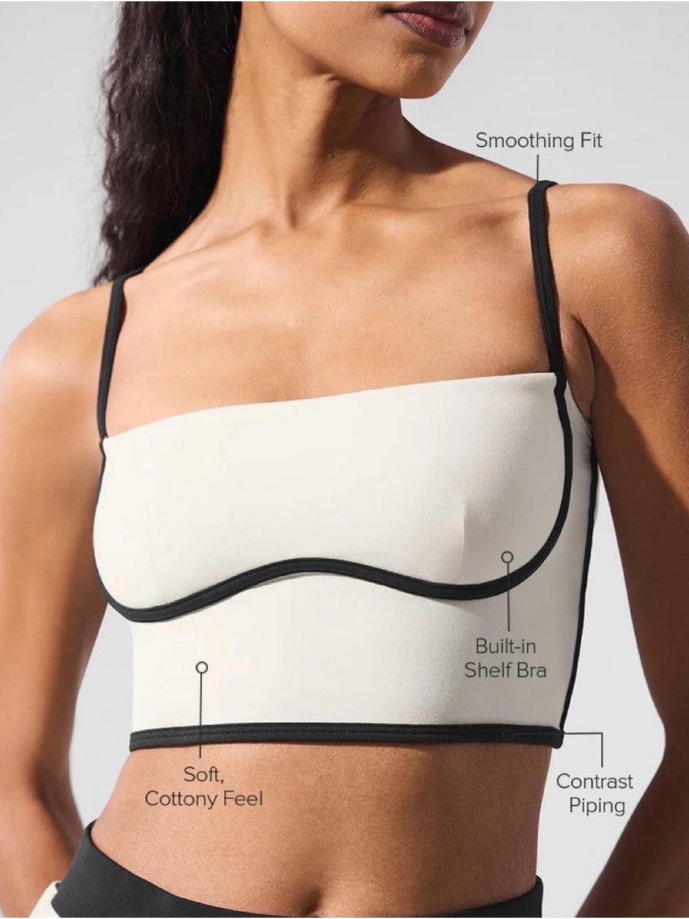 ALO Yoga Ivory Tank Crop Top with Black Contrast Piping